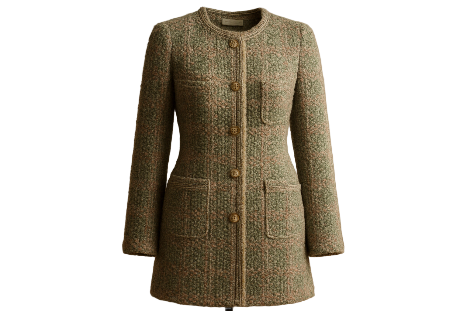 a lovely long jacket with detail for  Designer Knitted Wool Blend Boucle - Green / Pink / Off White