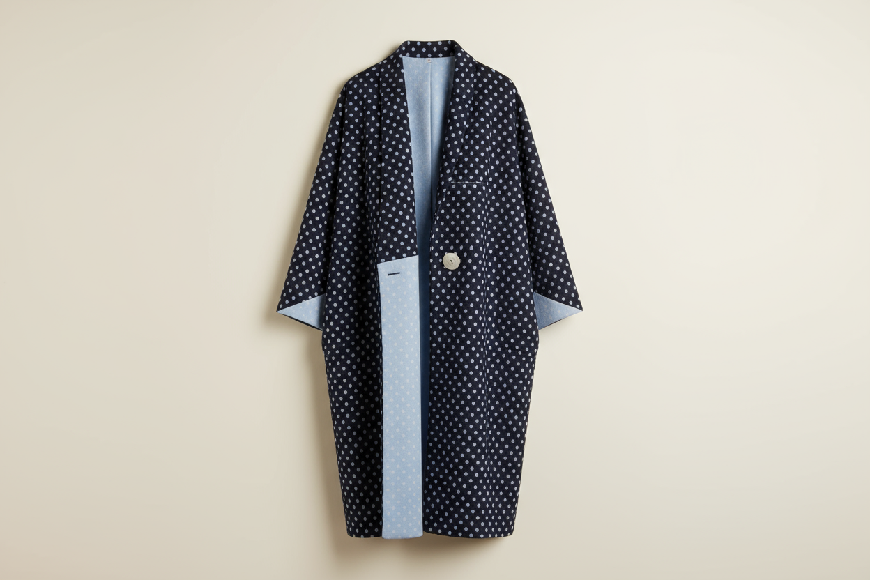 a lovely long jacket with Italian Double-Sided Cotton & Wool Blend - Polka Dot - Blue in light background