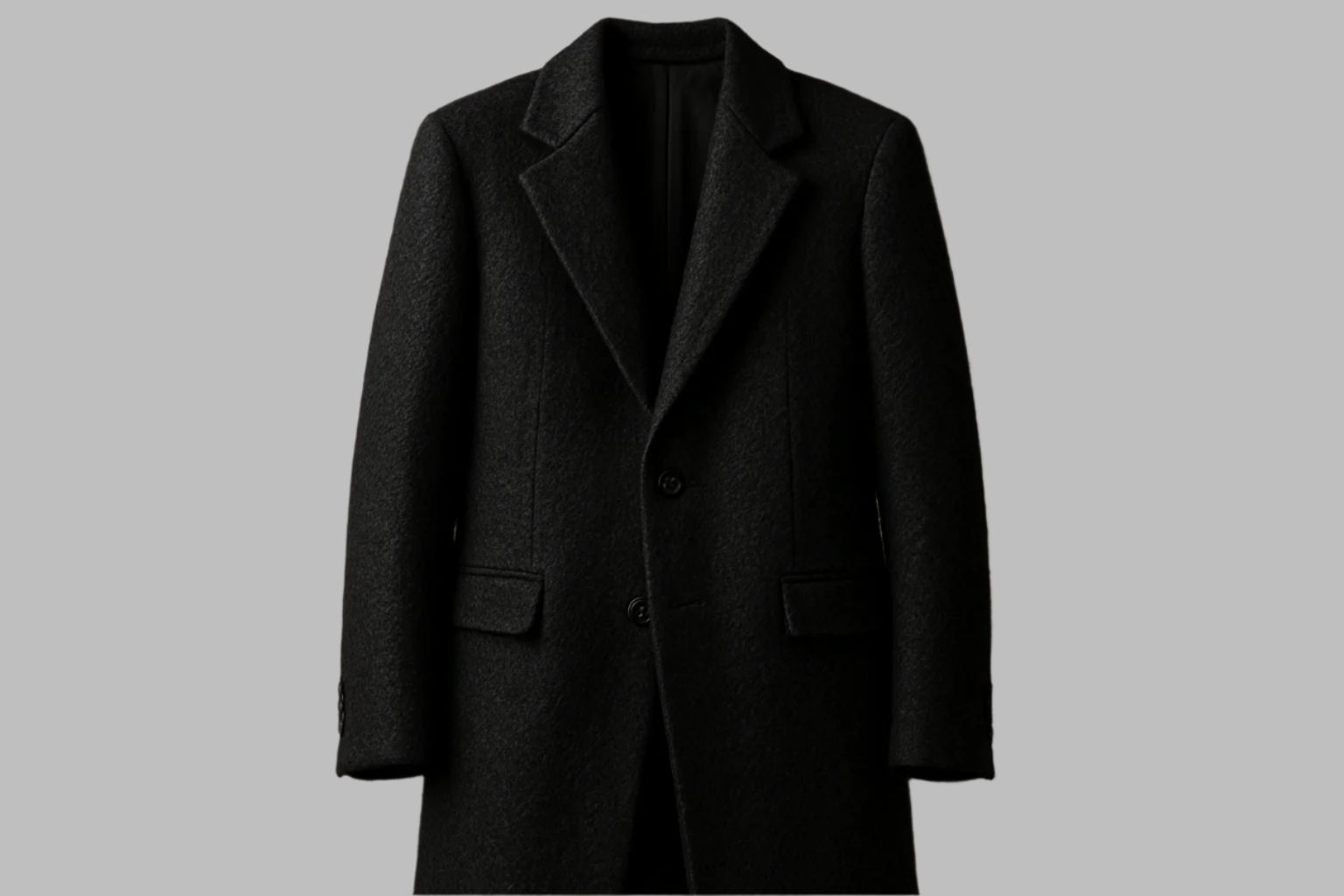 a lovely long jacket with textured and heavy Faux Camel Hair Wool - Jet Black