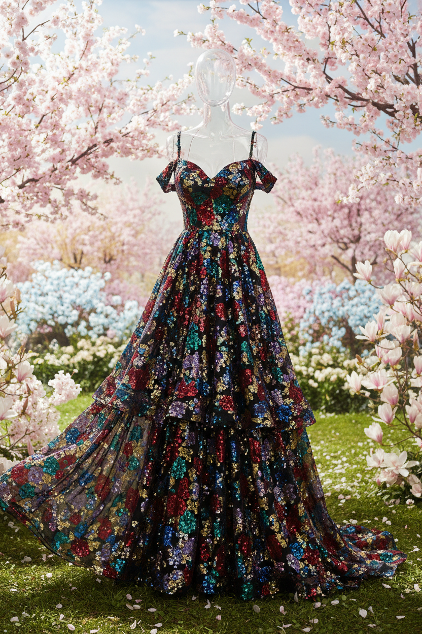 Designer Sequin Floral Poly Chiffon - Black & Multicolor