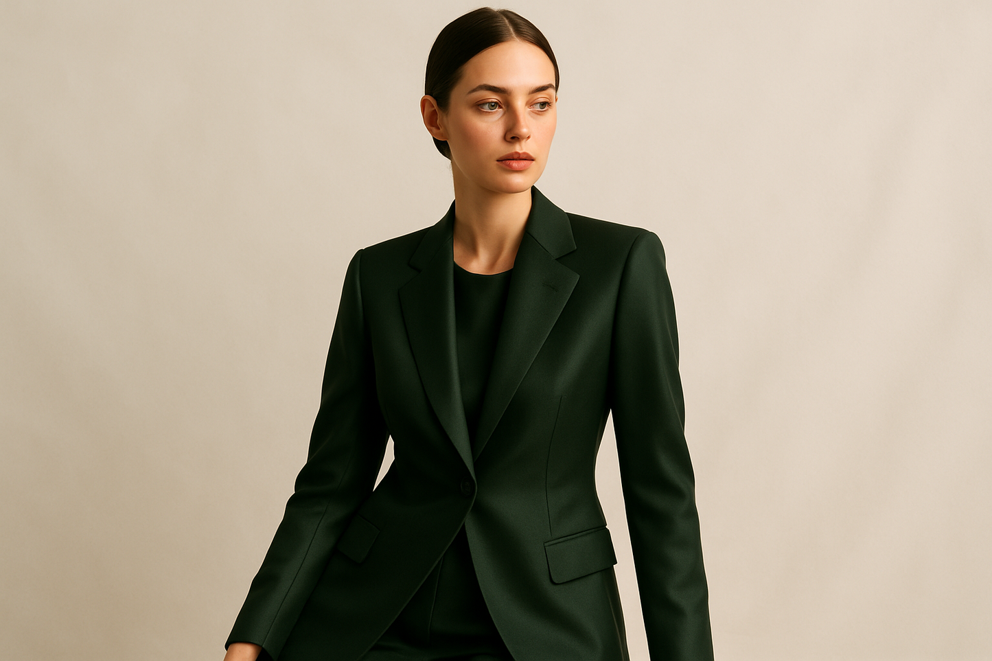 a lovely suiting for young lady with light background with  Italian Virgin Wool Gabardine Suiting - Deep Army Green