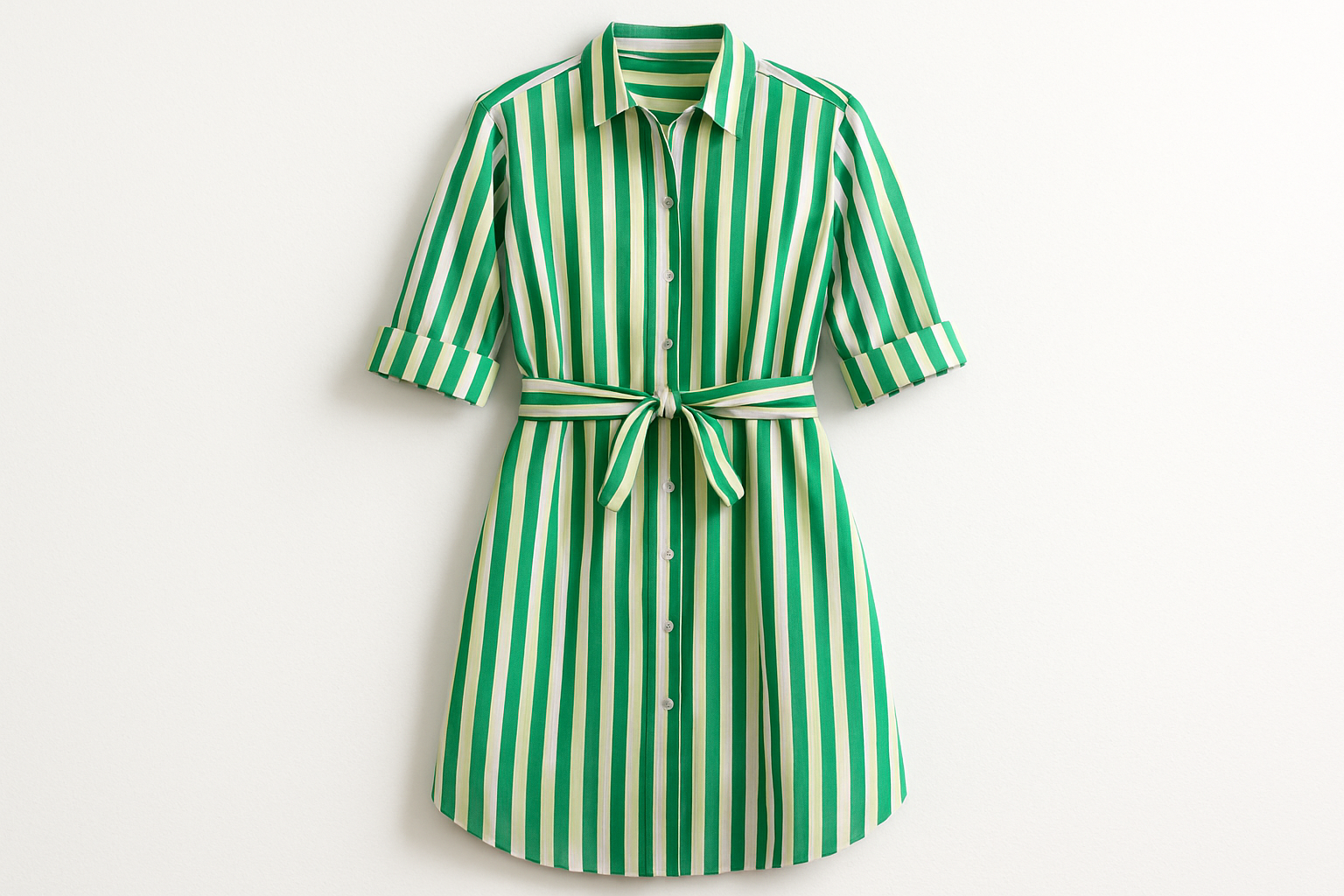 a lovely summer detail shirt dress with Italian Stripe Cotton Shirting - Kelly Green & Off White
