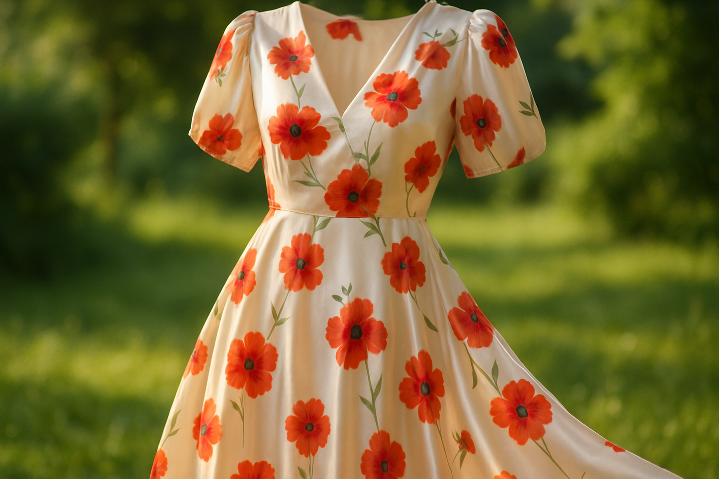 a lovely summer dress for rayon satin in day light outdoor nature ivory fabric with medium size red /orange flowers and small blue fabrics