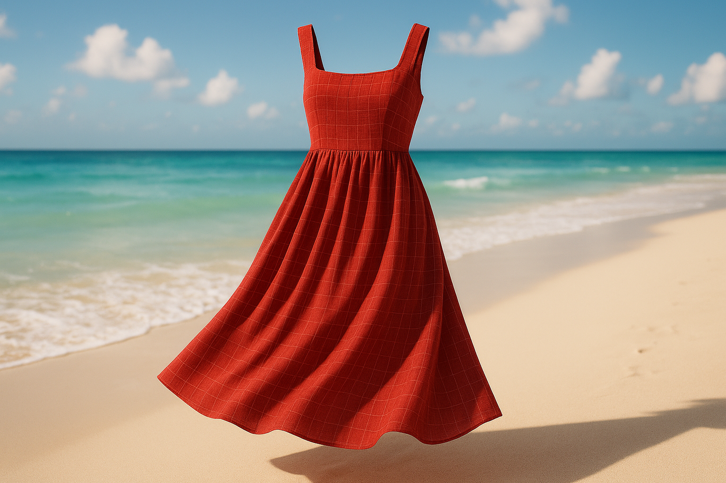 a lovely summer dress in beach background Grid Patterned Linen Blend - Cherry Red
