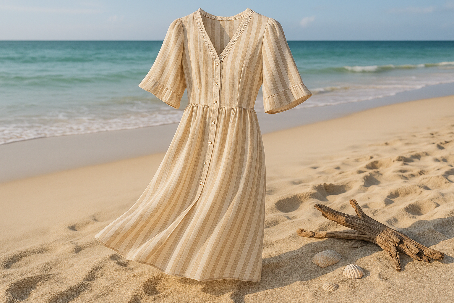 a lovely summer dress in beach with a lot of detail with European Linen Stripe : Beige / Off White