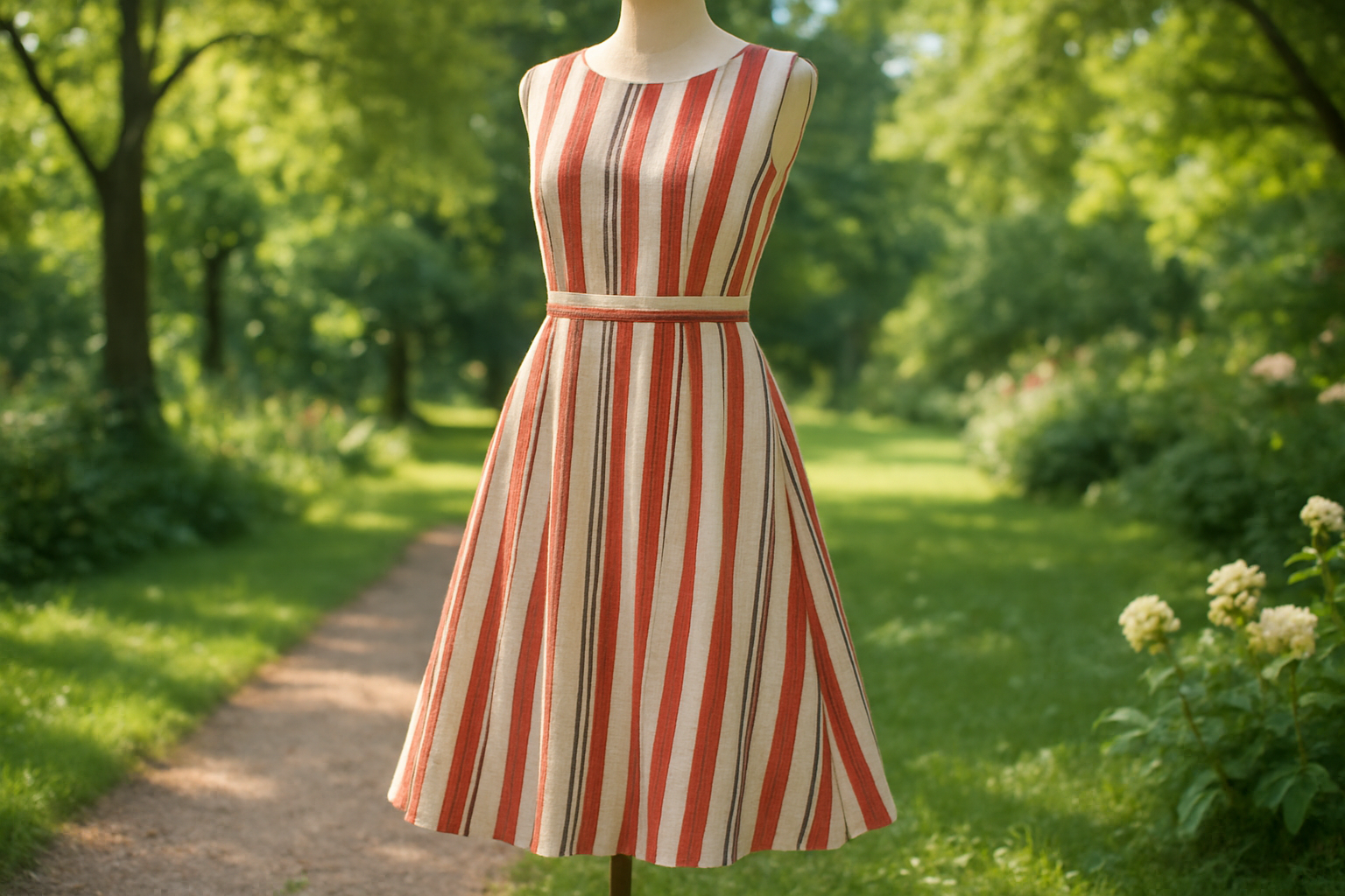a lovely summer dress in outdoor view with details for Regimental Stripe Linen - Red, White & Beige