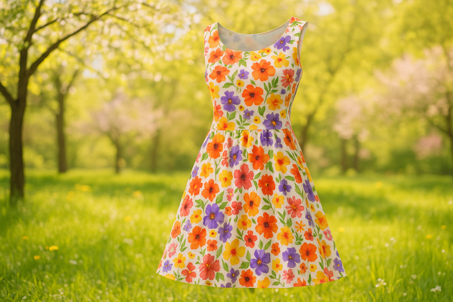 a lovely summer dress in spring background with This is a high quality supima cotton jersey, with a 4-way stretch making it a great choice for almost any project. Printed with an orange, red, purple, yellow &amp; green floral print on a white backdrop. Great for dresses, tops or a cozy pant! (This fabric is almost opaque)&nbsp; &nbsp; 