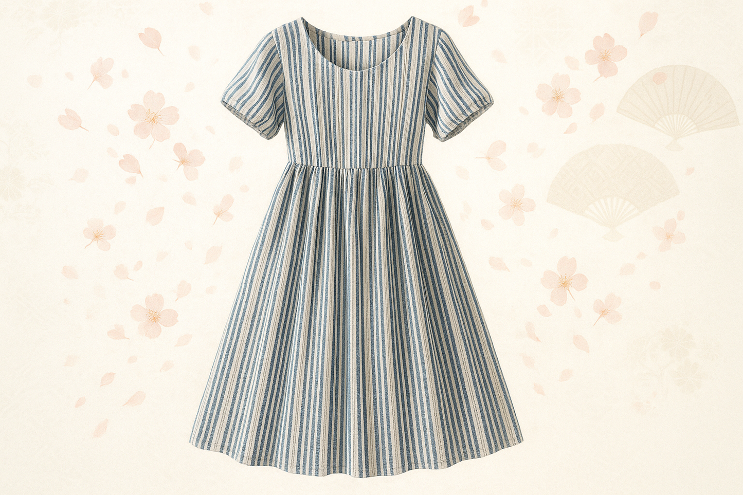 a lovely summer dress with detail light background with Japanese Matsusaka Stripe Cotton - White & Blue
