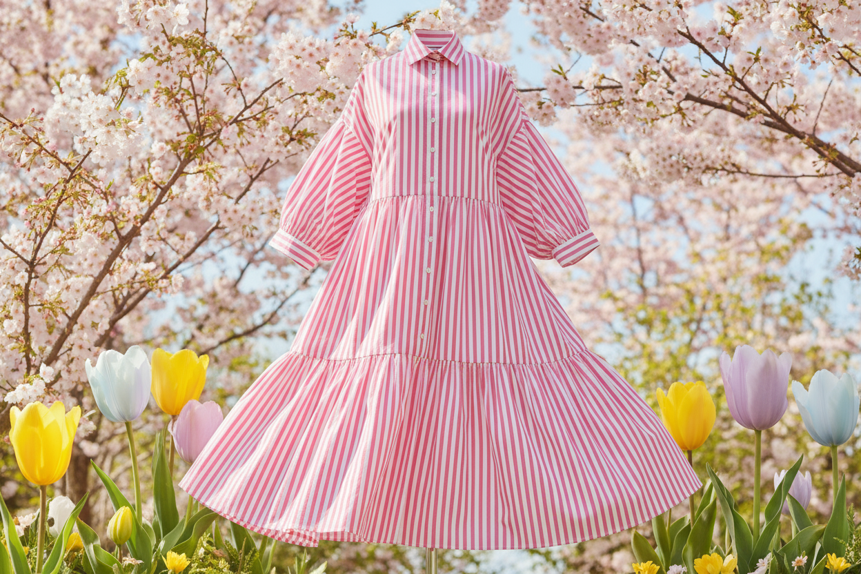 a lovely summer dress with Italian Stripe Cotton Shirting - Bubblegum Pink & White in spring look background