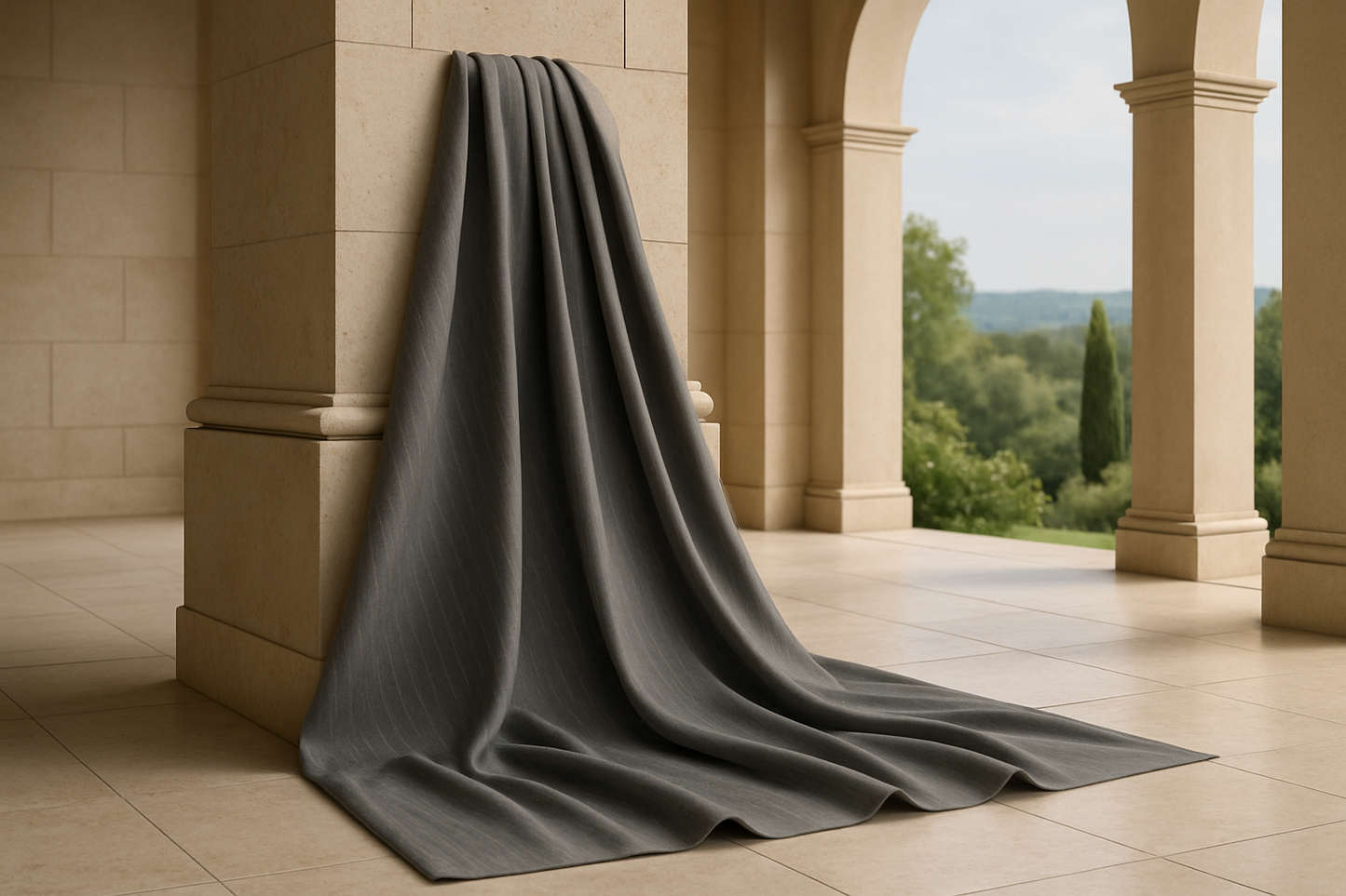 a lovely sutting in building look outdoor with Italian Stretch Wool Twill Suiting - Grey Stripe