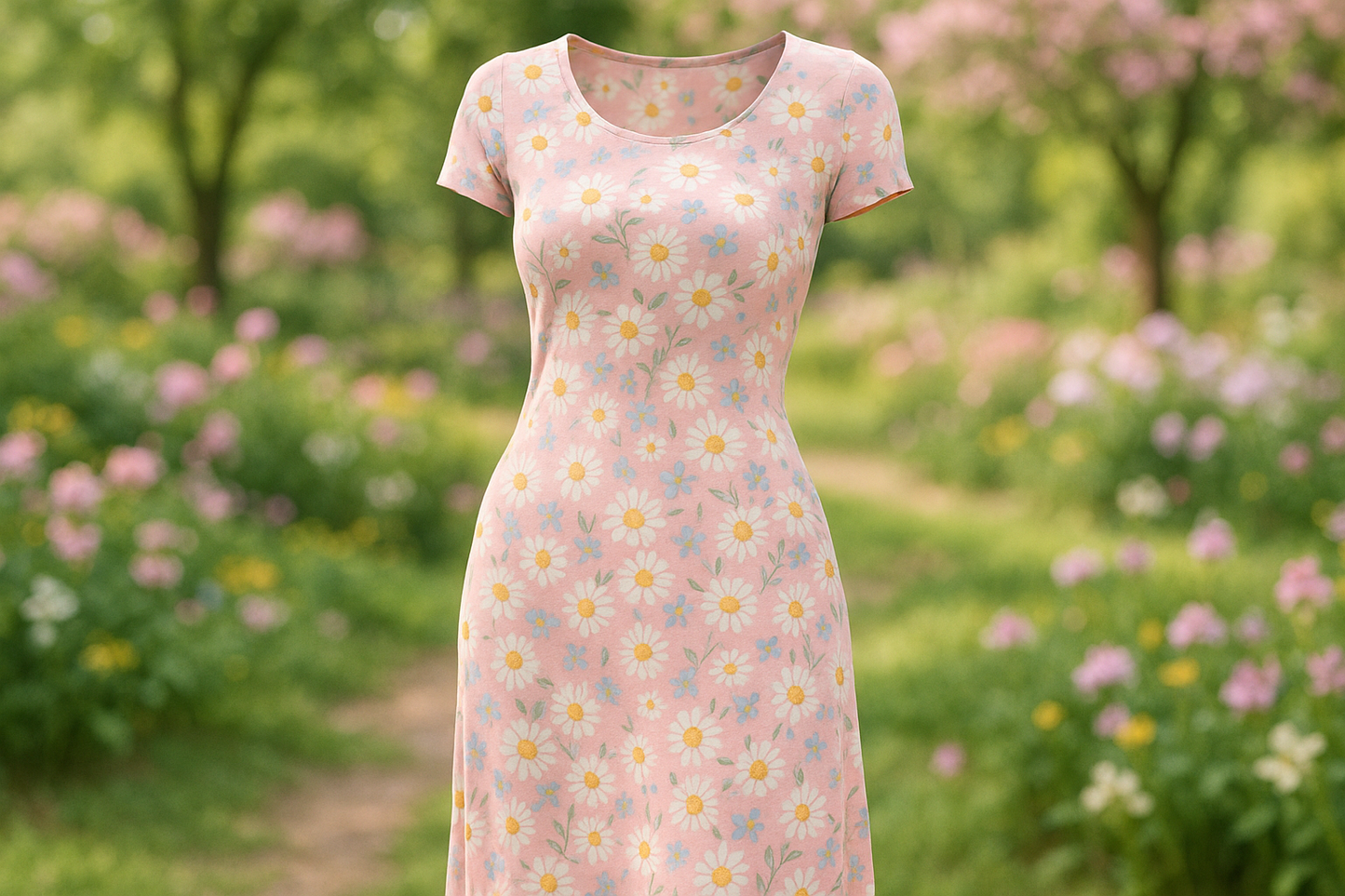 a lovley dress in spring look oudoor with This is a very soft jersey, made from a mix of micro modal and spandex. Printed with white, yellow &amp; blue flowers on a light pink backdrop. This fabric is a great choice for comfy clothes and slinky dresses &amp; form fitting tops!