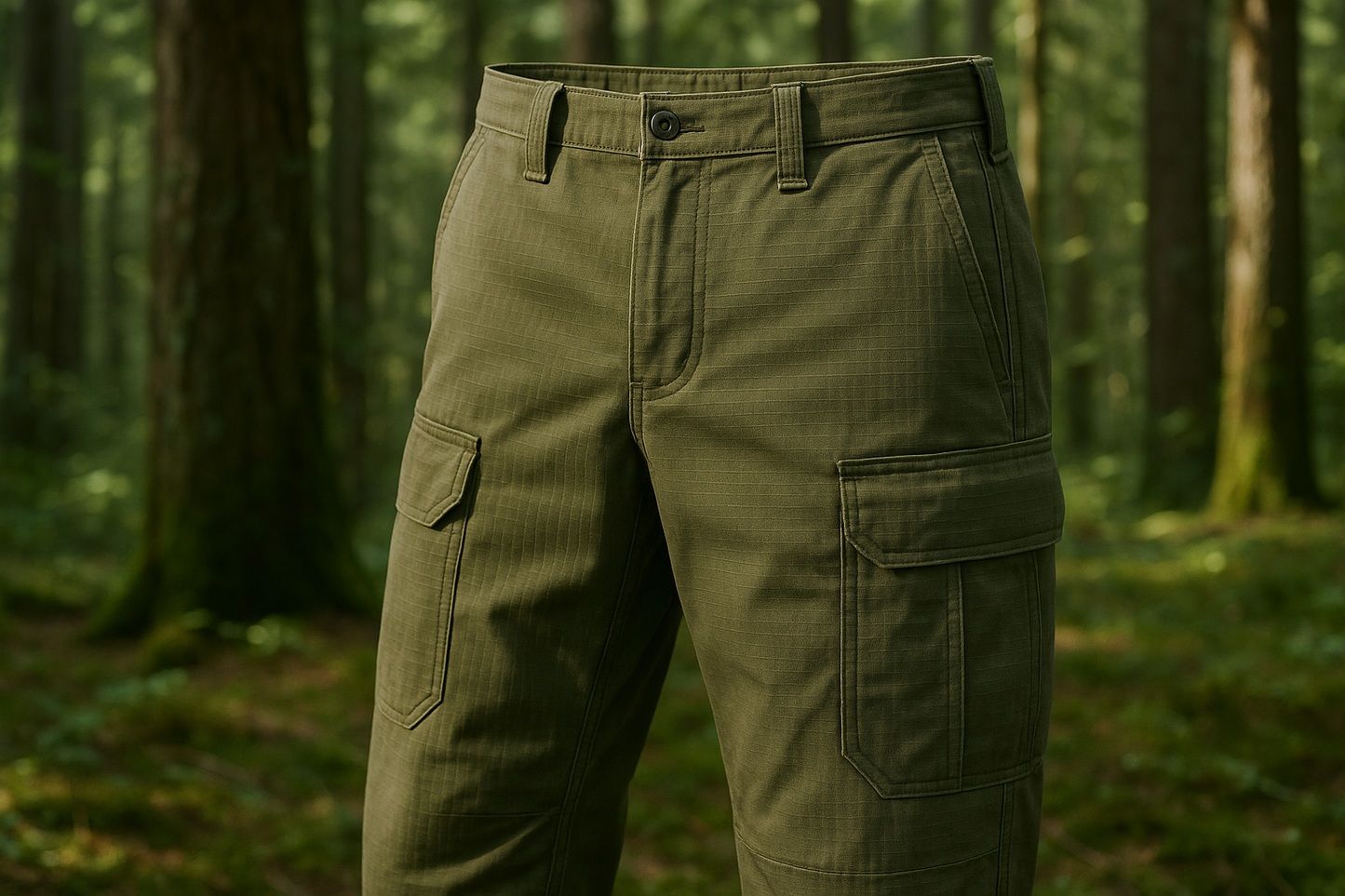a pants with detail in forest background with USA Cotton & Nylon Ripstop - Olive Green