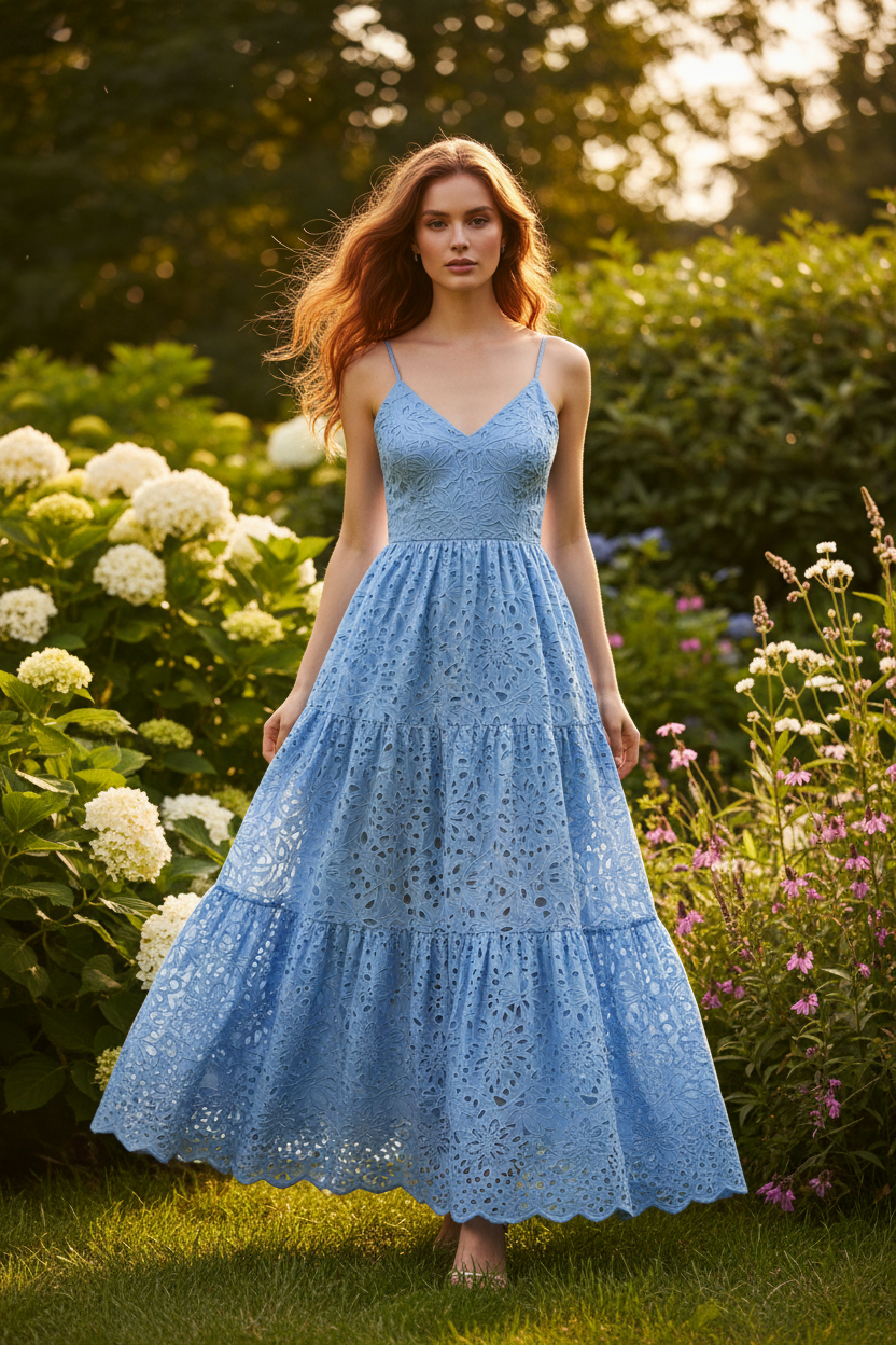 Flower Eyelet Embroidered Cotton - Sky Blue