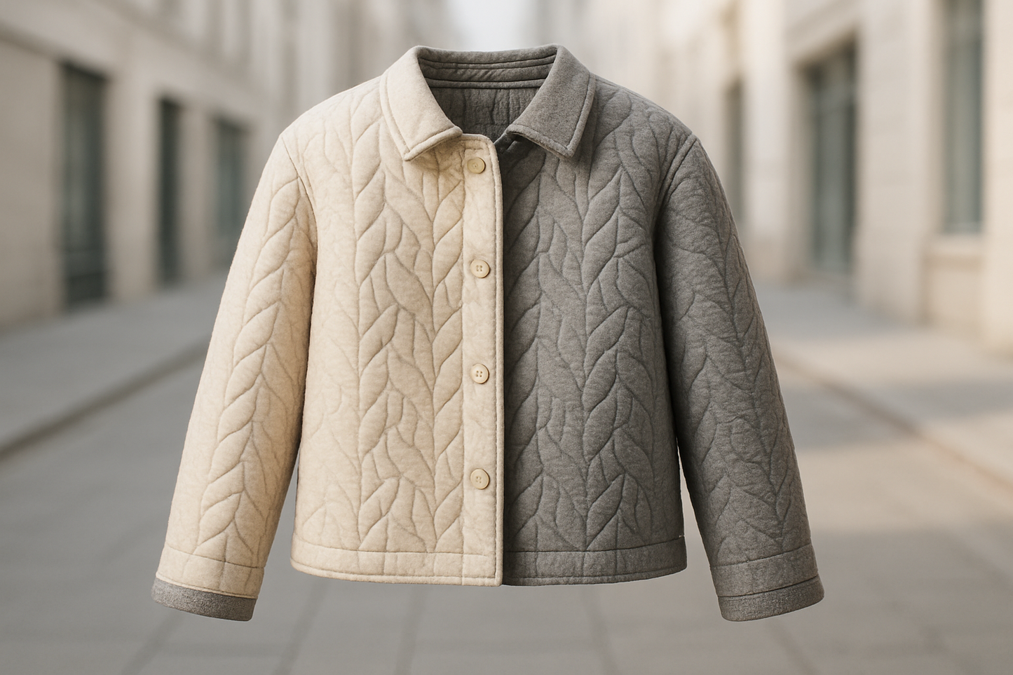 a short jacket detailed in light street background Double Sided Quilted Poly Wool- Oatmeal & Grey