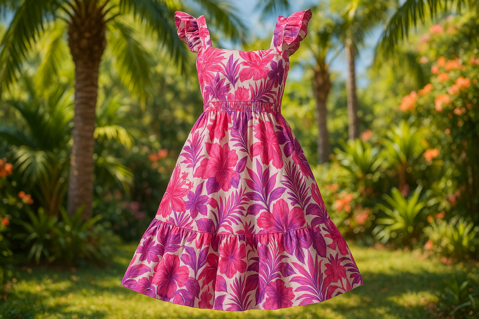 a summer dress with detail out door background Designer Tropical Floral Print Cotton Poplin - Hot Pink & Purple