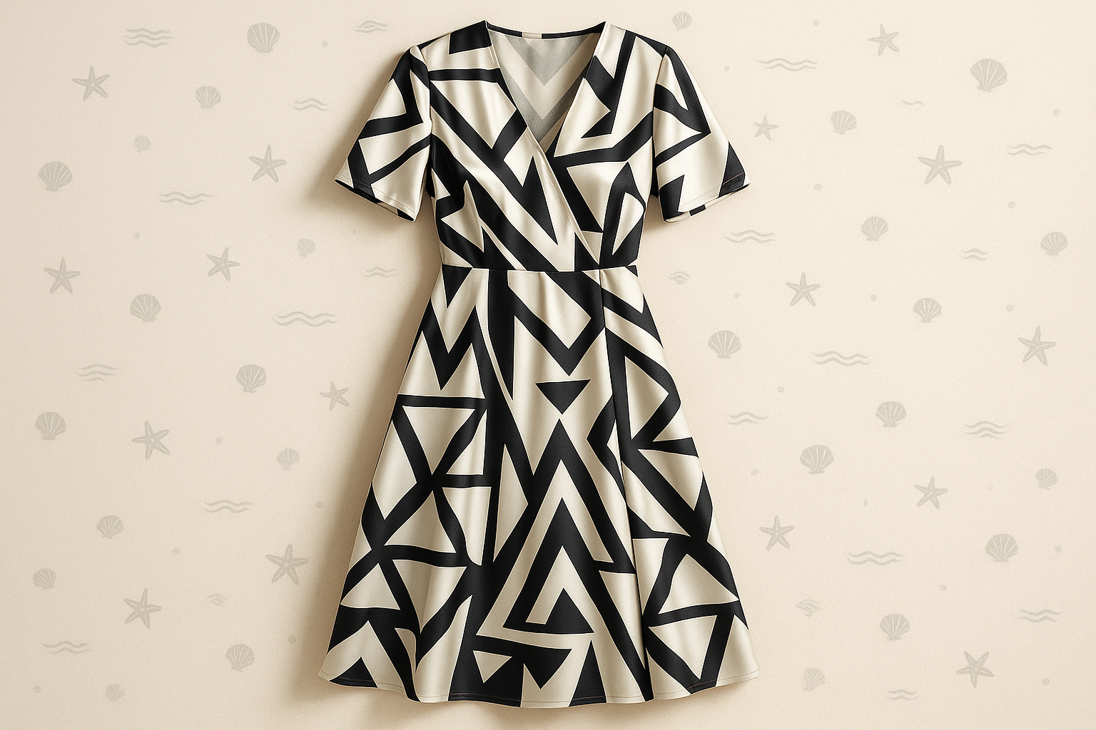 an every day dress white and black geometric design background beach small prit on satin 