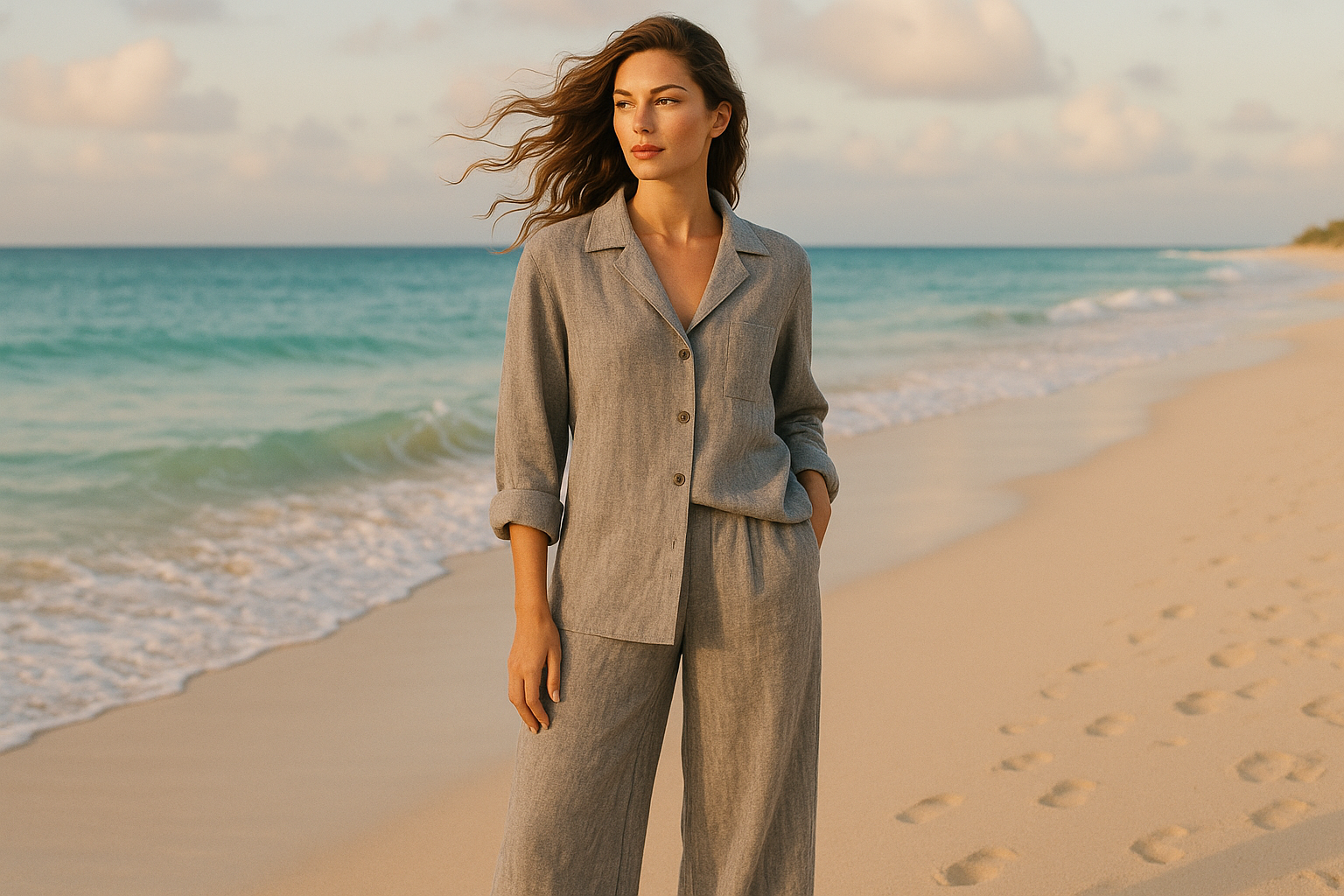create an image of a woman wearing a heather grey linen matching set on the beach