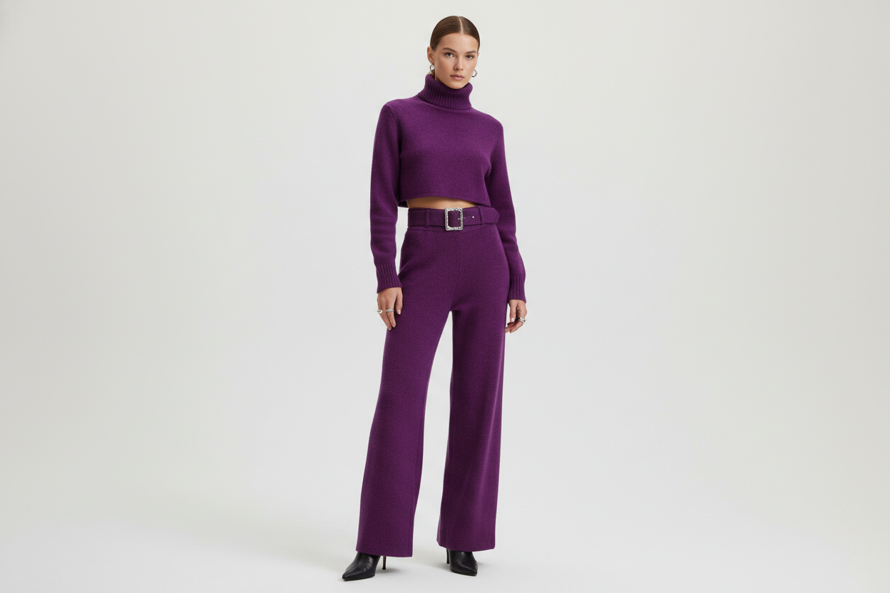 image of a woman wearing an on trend matching wool set in a royal purple color