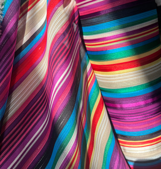 Printed Poly Chiffon Satin- Rainbow Stripe & Lurex