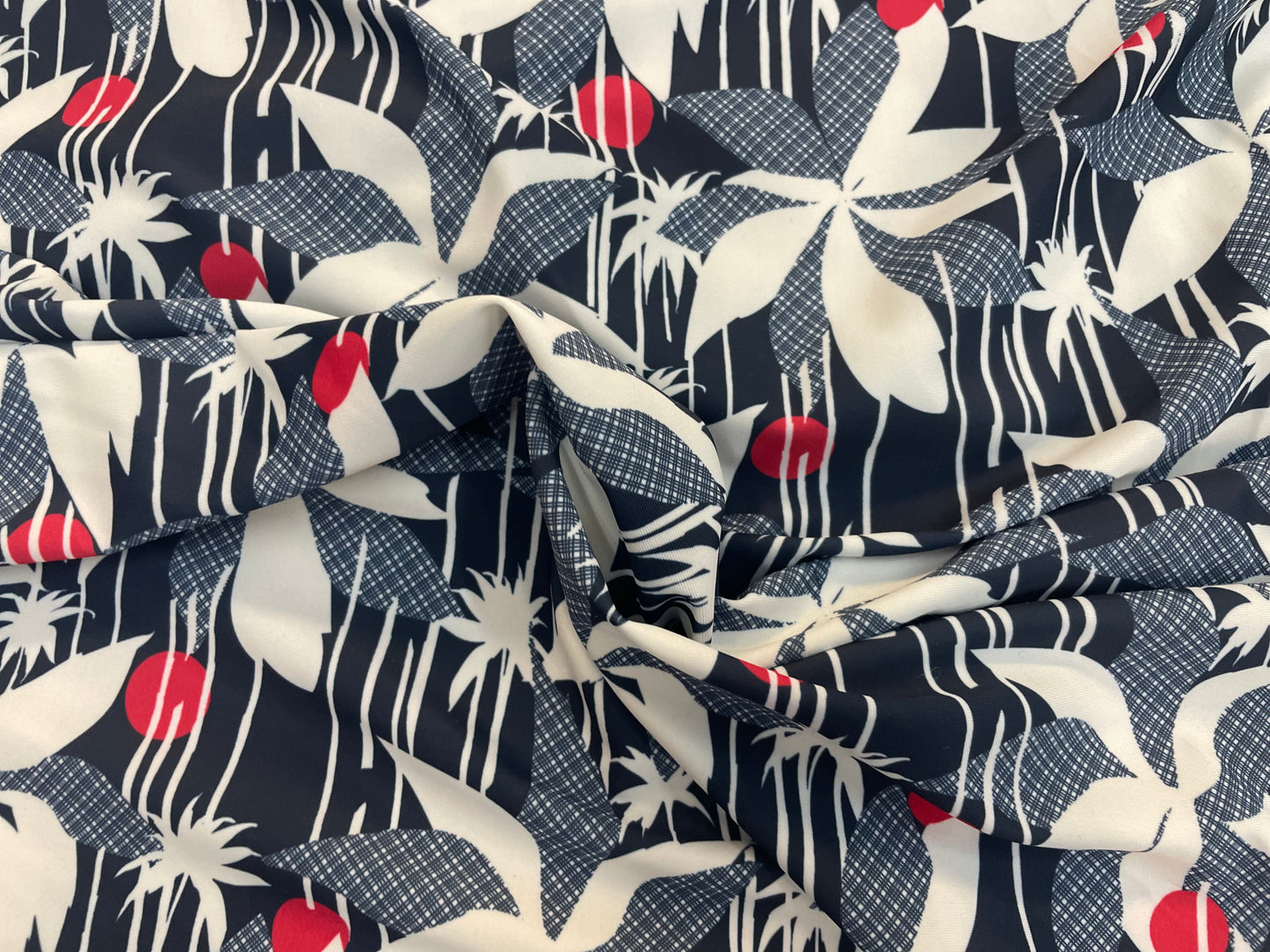 Floral Print Poly Lycra - White / Navy Blue / Red