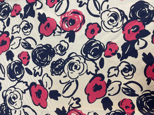 Italian Floral Print Cotton Satin - Pink/Navy/White