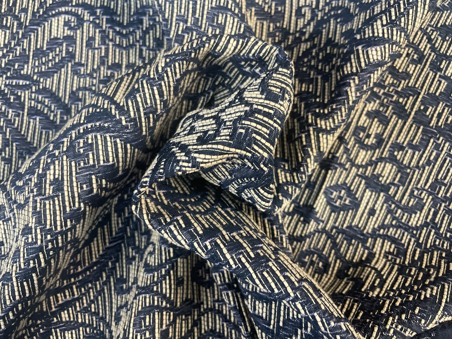 Italian Textured Damask Print Cotton - Cream and Twilight Blue