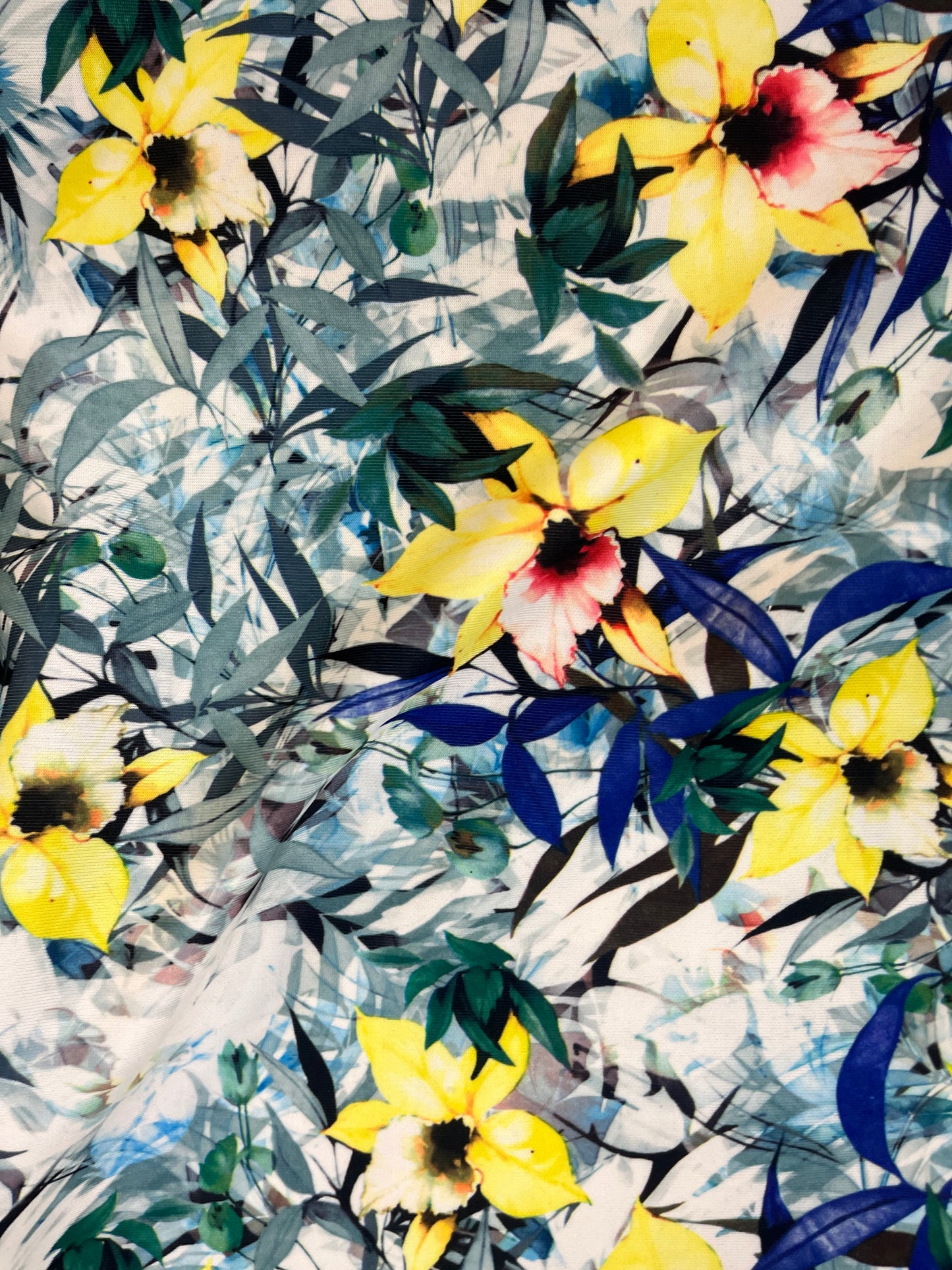 Floral Print Poly Lycra - White / Yellow / Royal Blue / Green