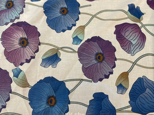 Lotus Floral Print Lightweight Cotton - White / Blue / Purple