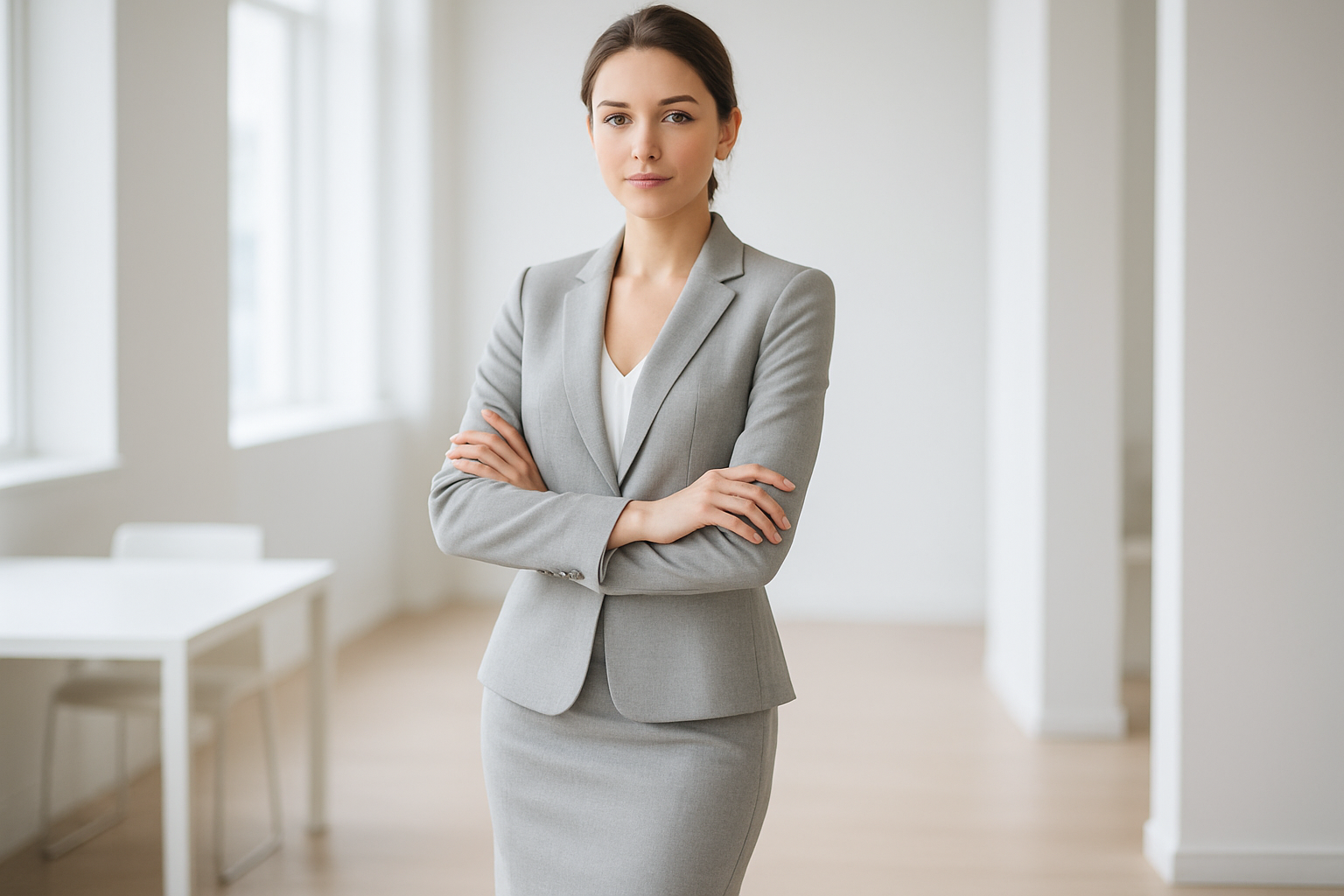 light grey skirt and suit jacket for young woman