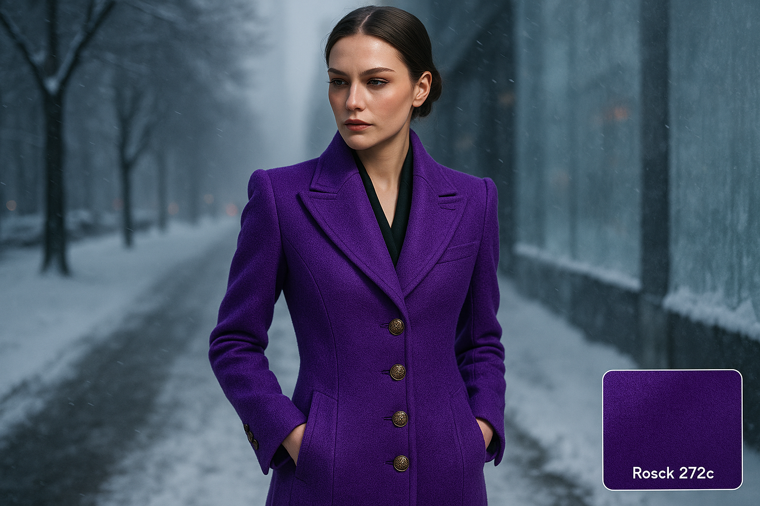 long jacket with detail for ladies in cold background for Italian Designer Cashmere Wool - Rockstar Purple  pms # 272c