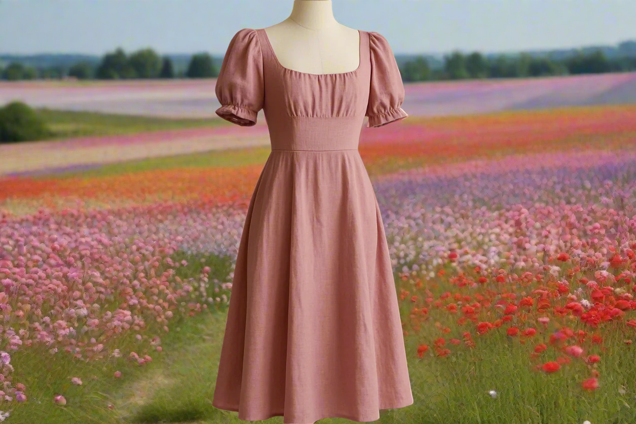 make a summer milkmaid dress with linen fabric in pantone color 15-2913
