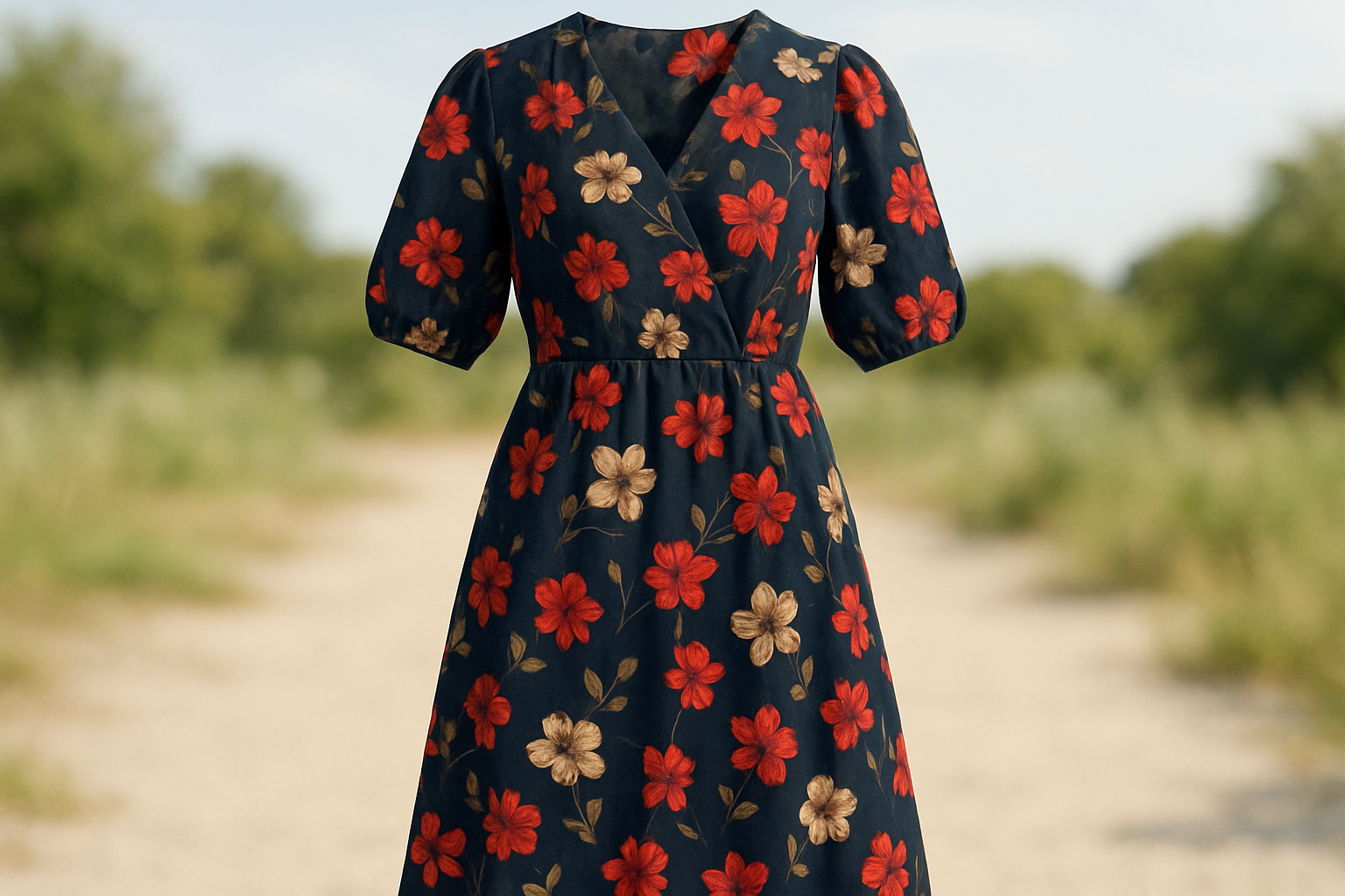 printed dress in light back ground outdoor navy color fabric with red and cream color medium size flowers