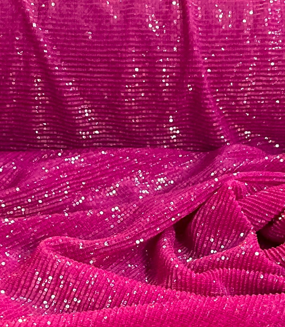 Sequin Stretch Pleated Mesh - Hot Pink
