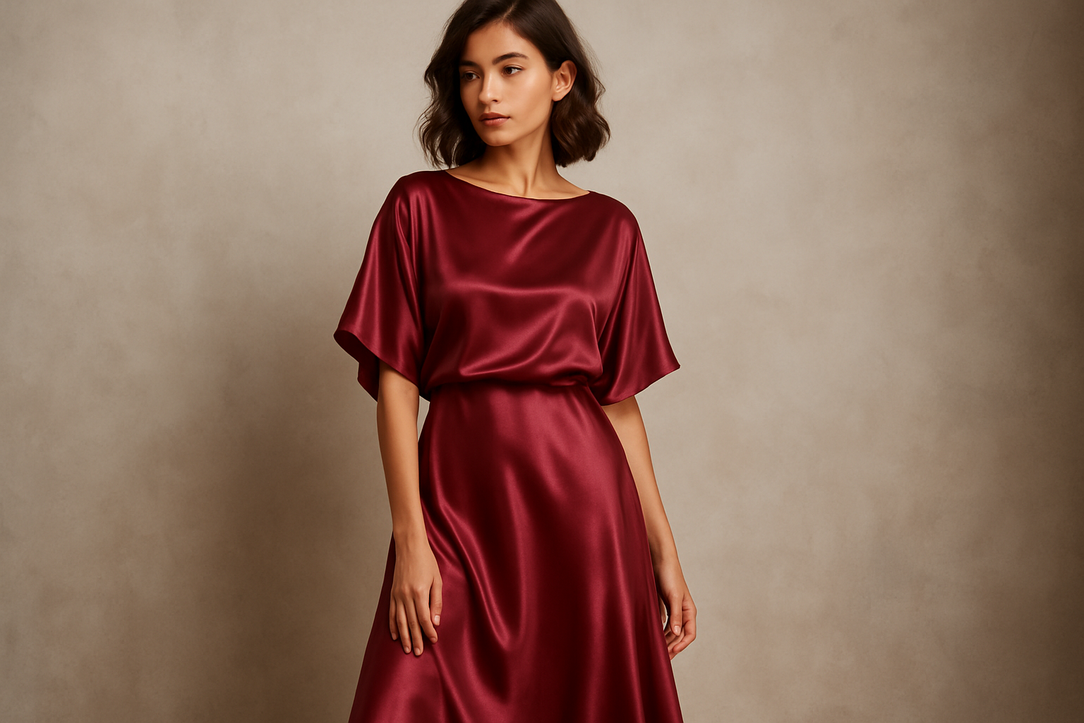 woman in a fashionable loose fitting silk charmeuse burgundy red dress
