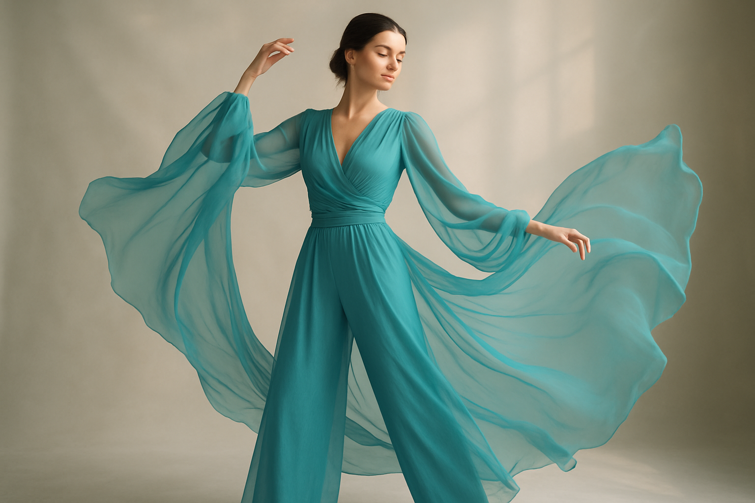 woman in a turquoise blue chiffon flowing matching set