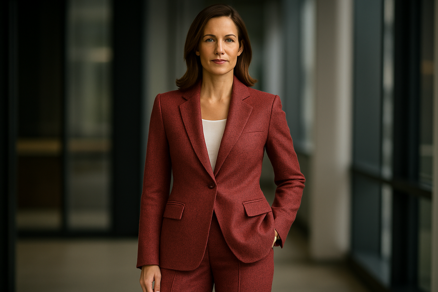 woman wearing a pant suit that is made from a heather red wool suiting fabric