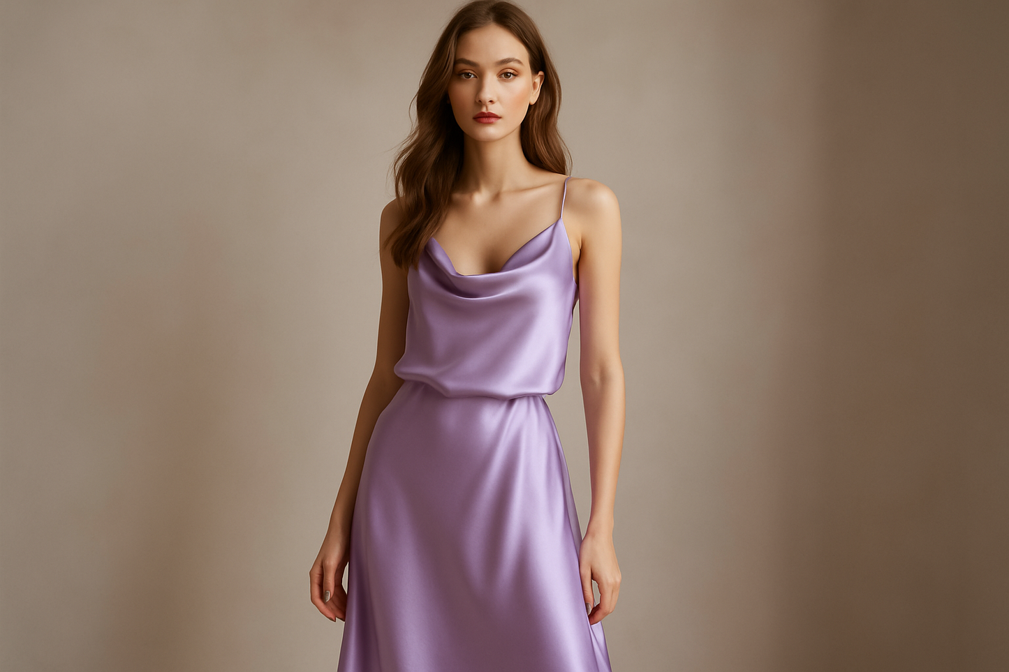 young woman in an on trend loose fitting lilac purple silk charmeuse dress