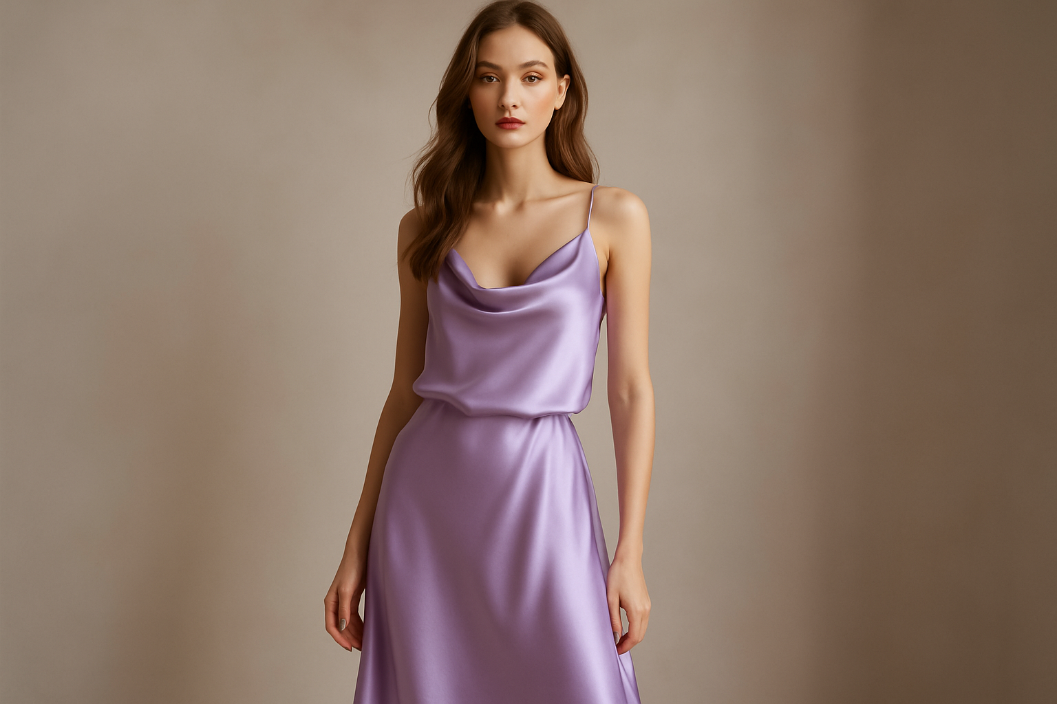 young woman in an on trend loose fitting lilac purple silk charmeuse dress