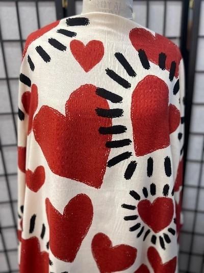 Beating Heart Linen Rayon: Black/Red/White