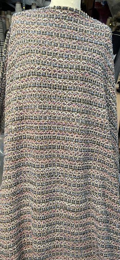 Designer Knitted Wool Blend Boucle - Blue / Black / Off White
