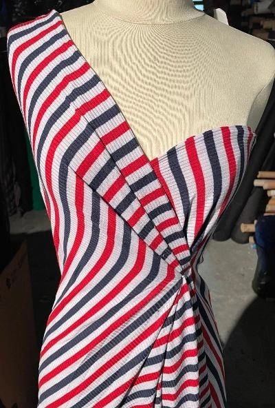 Stripe Ribbed Poly/Rayon Knit- Navy/Red/Off White