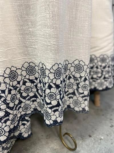 Embroidered Border & Textured Cotton - Ivory/Navy