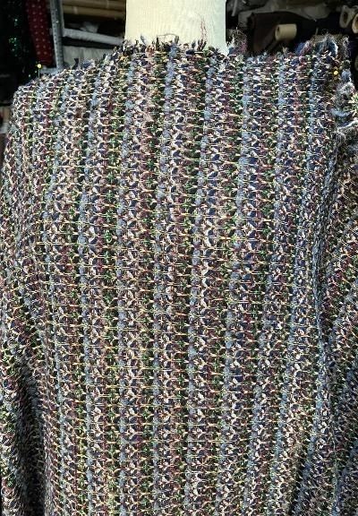 Designer Knitted Wool Blend Boucle - Blue / Navy / Green