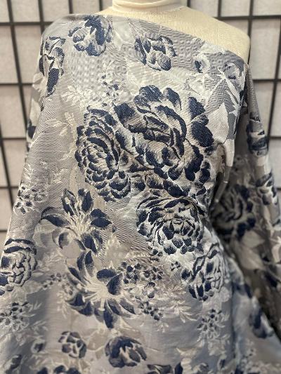 Designer Silver Grey & Navy Double Sided Floral Brocade