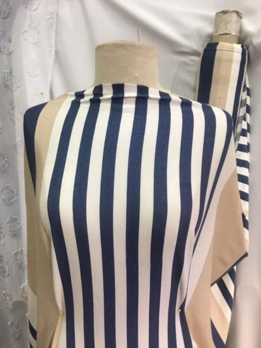 Italian Rayon Knit Stripe - White/Navy/Beige
