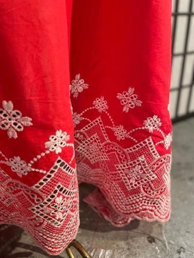 Embroidered Border Cotton Voile - Scarlet Red / White