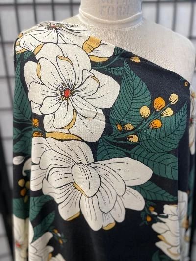 Camellia Flower Print Linen Rayon: Green / Gold