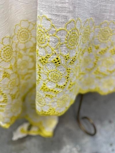 Embroidered Border & Textured Cotton - Ivory/Yellow