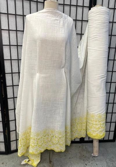 Embroidered Border & Textured Cotton - Ivory/Yellow