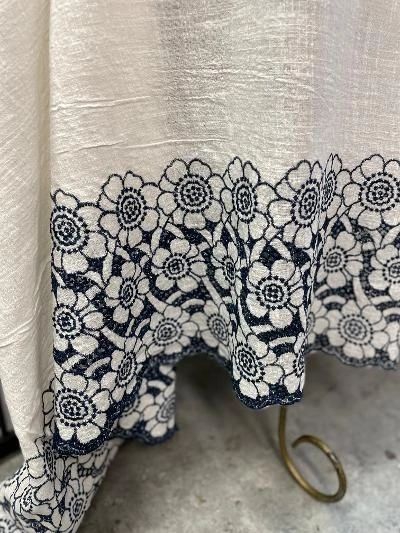 Embroidered Border & Textured Cotton - Ivory/Navy